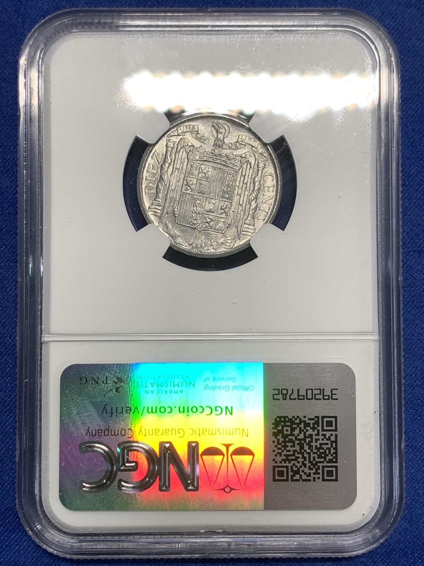 《竞宝斋》第218场-周日，周一 2场 (全场包邮) NGC-MS65 西班牙1941年10C铝币