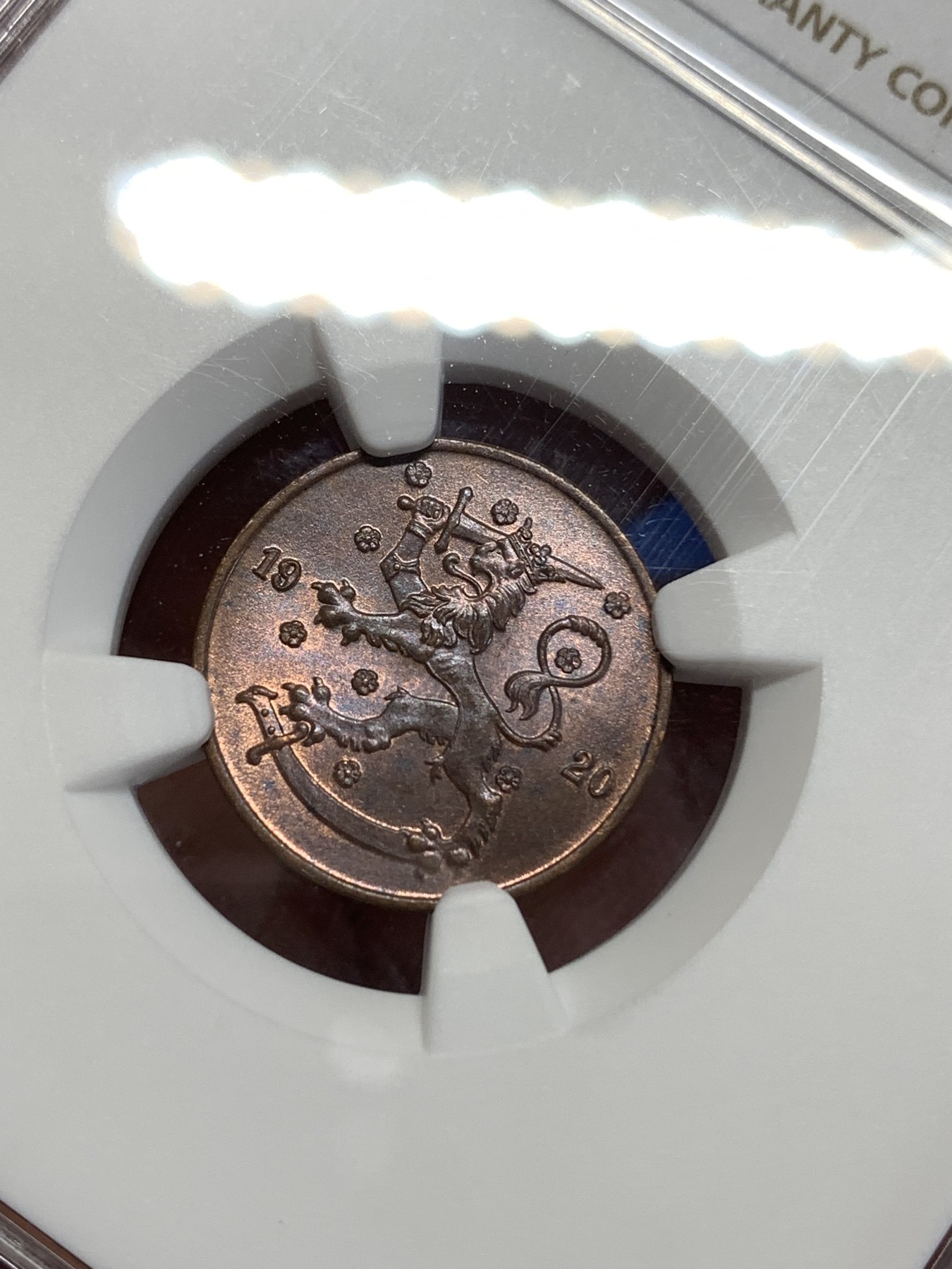 《竞宝斋》第218场-周日，周一 2场 (全场包邮) NGC-MS64BN 1920年芬兰5芬妮铜币，辅币好品难得，20年代的比内战时期的好品少多了，64分高分