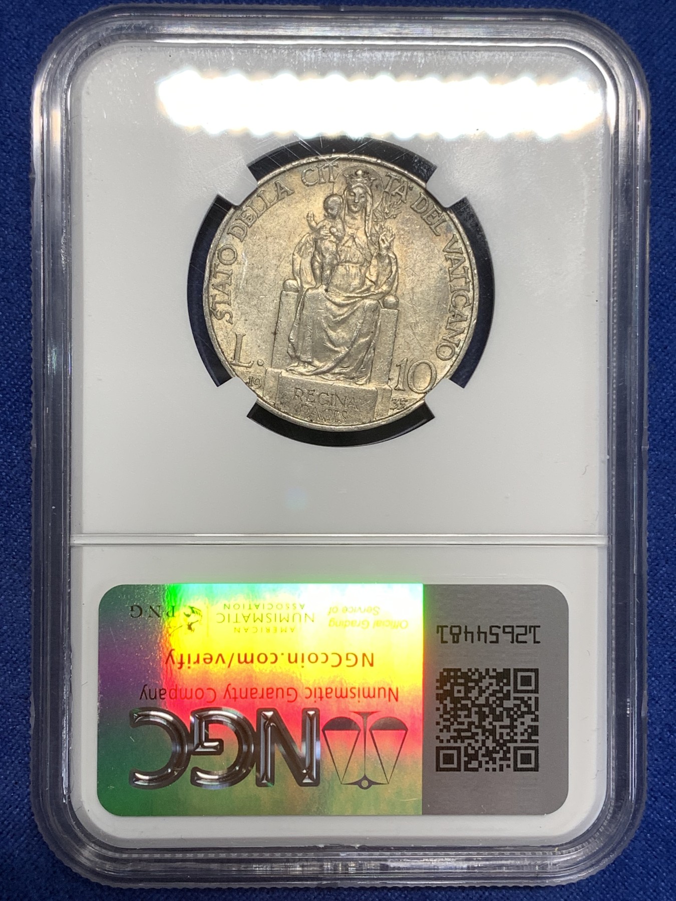 《竞宝斋》第218场-周日，周一 2场 (全场包邮) NGC-AU55 梵蒂冈1935年早期10里拉银币 圣母抱婴