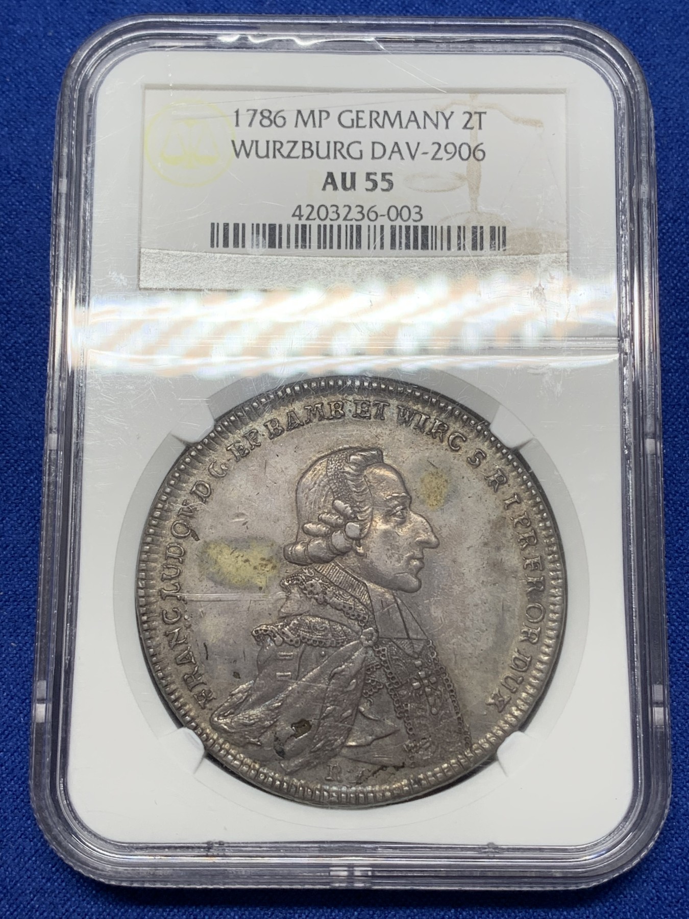 《竞宝斋》第218场-周日，周一 2场 (全场包邮) NGC AU55 德国 1786 维尔茨堡主教区 2泰勒 56克超大规格大银币 最新裸币成交价1950欧元