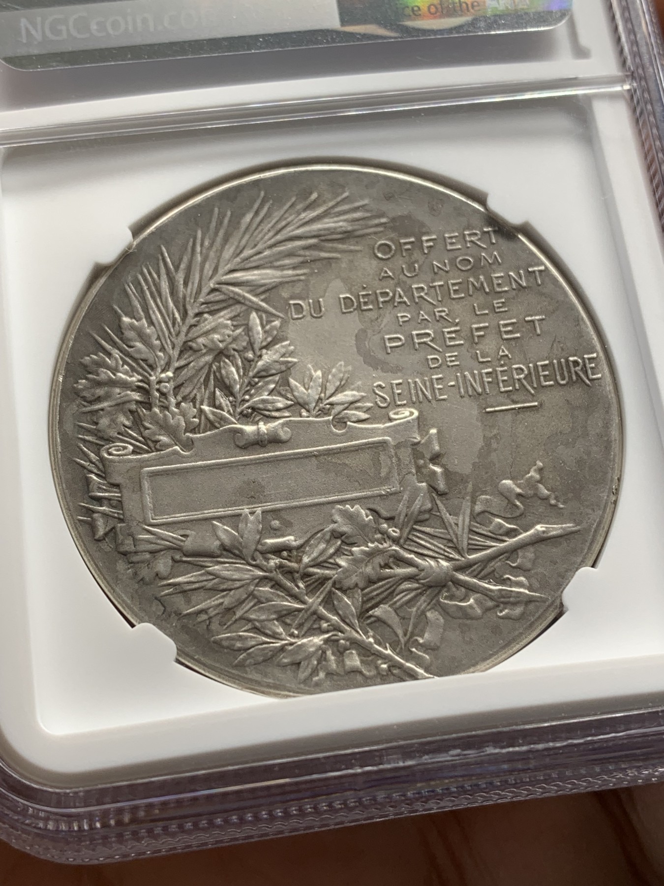 《竞宝斋》第218场-周日，周一 2场 (全场包邮) NGC-MS62 法国Roty自由帽塞纳河下银章 加厚盒