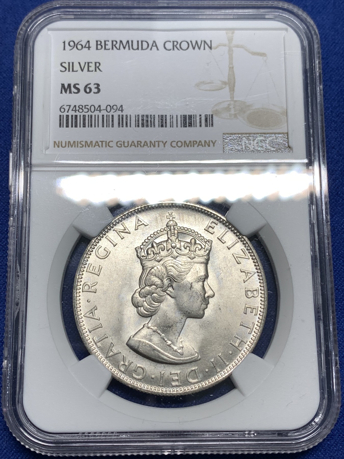 《竞宝斋》第218场-周日，周一 2场 (全场包邮) NGC-MS63 英属百慕大1964年伊丽莎白二世青年头像克朗银币 头像十分漂亮