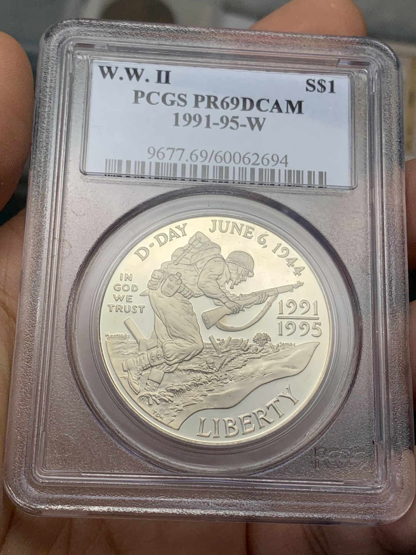 《竞宝斋》第218场-周日，周一 2场 (全场包邮) PCGS-PR69DCAM 美国1991-95年第二次世界大战纪念精制大银币 诺曼底登陆