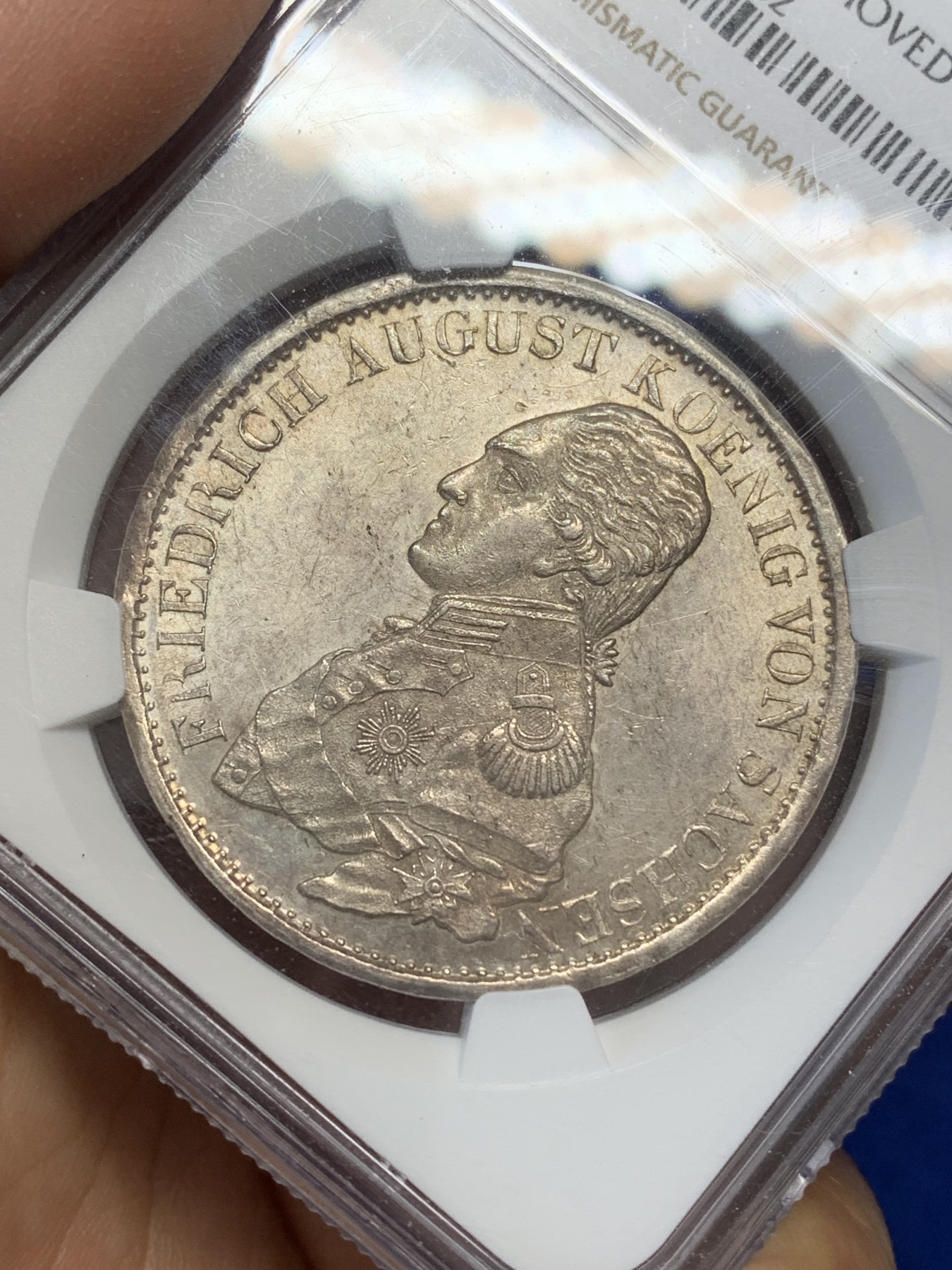 《竞宝斋》第218场-周日，周一 2场 (全场包邮) NGC-UNCD 德国 1821年 萨克森 1泰勒大银币,少见品种,淡黄油包浆,顶部取环痕迹几乎看不出,币面划痕少