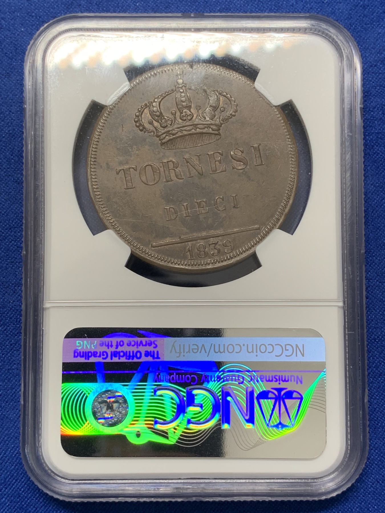 《竞宝斋》第218场-周日，周一 2场 (全场包邮) NGC AU58 1839年意大利两西西里王国费迪南德二世10Tor大铜币 唯一入盒冠军分记录