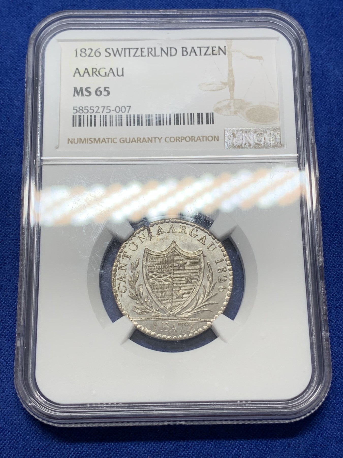 《竞宝斋》第218场-周日，周一 2场 (全场包邮) NGC-MS65 瑞士 1826年 阿尔高巴增银币 银光闪闪,打制品相极好!
