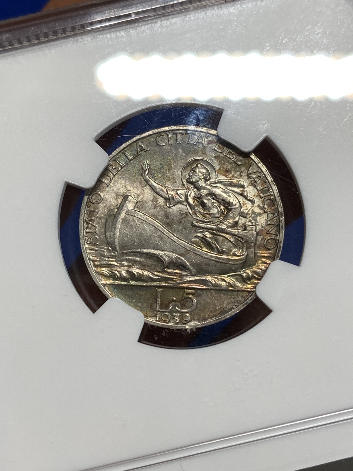 《竞宝斋》第218场-周日，周一 2场 (全场包邮) NGC-MS63 梵蒂冈 1939年 划船 5里拉 银币