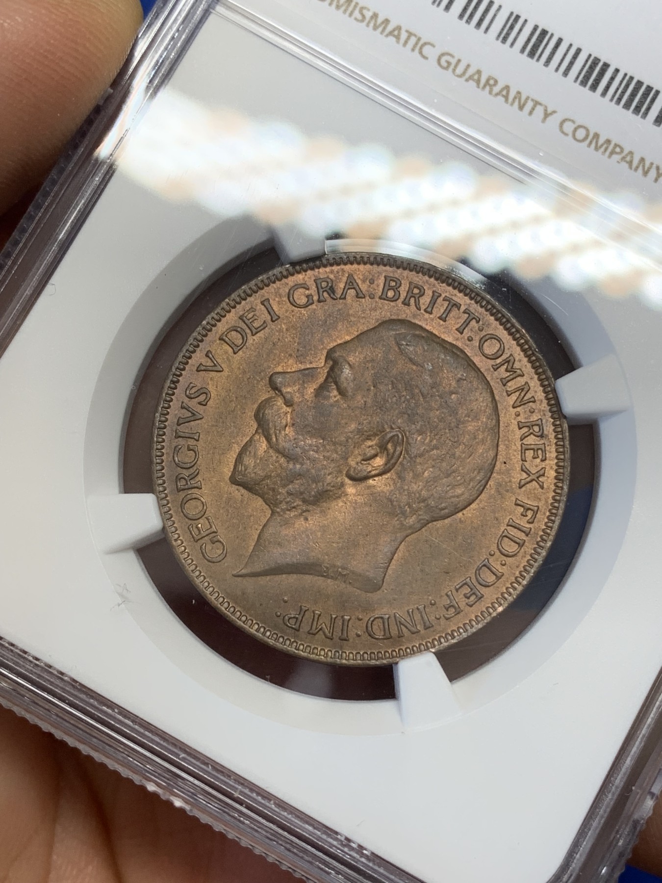 《竞宝斋》第218场-周日，周一 2场 (全场包邮) NGC MS63RB 1921年 英国乔治五世便士 乔五和布列塔尼的组合 底板丝滑 铜光饱满