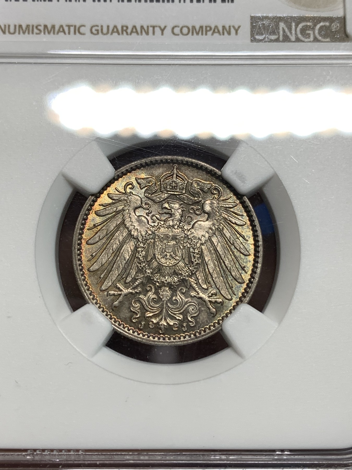 《竞宝斋》第218场-周日，周一 2场 (全场包邮) NGC-MS63 德国1915年1马克银币，一面强车轮黄油转光，一面酱彩深包浆，绝对严评不止这个分数