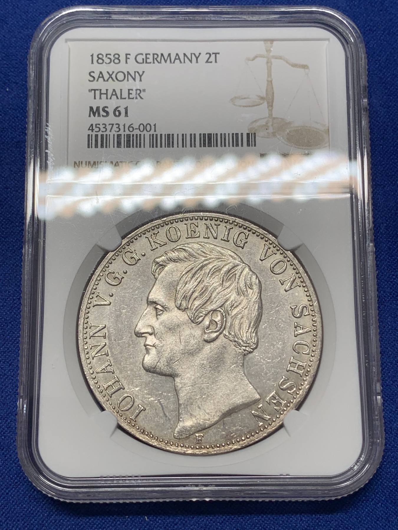 《竞宝斋》第218场-周日，周一 2场 (全场包邮) NGC MS61 德国 1858 萨克森王国 约翰一世 2泰勒 37克大银币 单年版 难遇品种