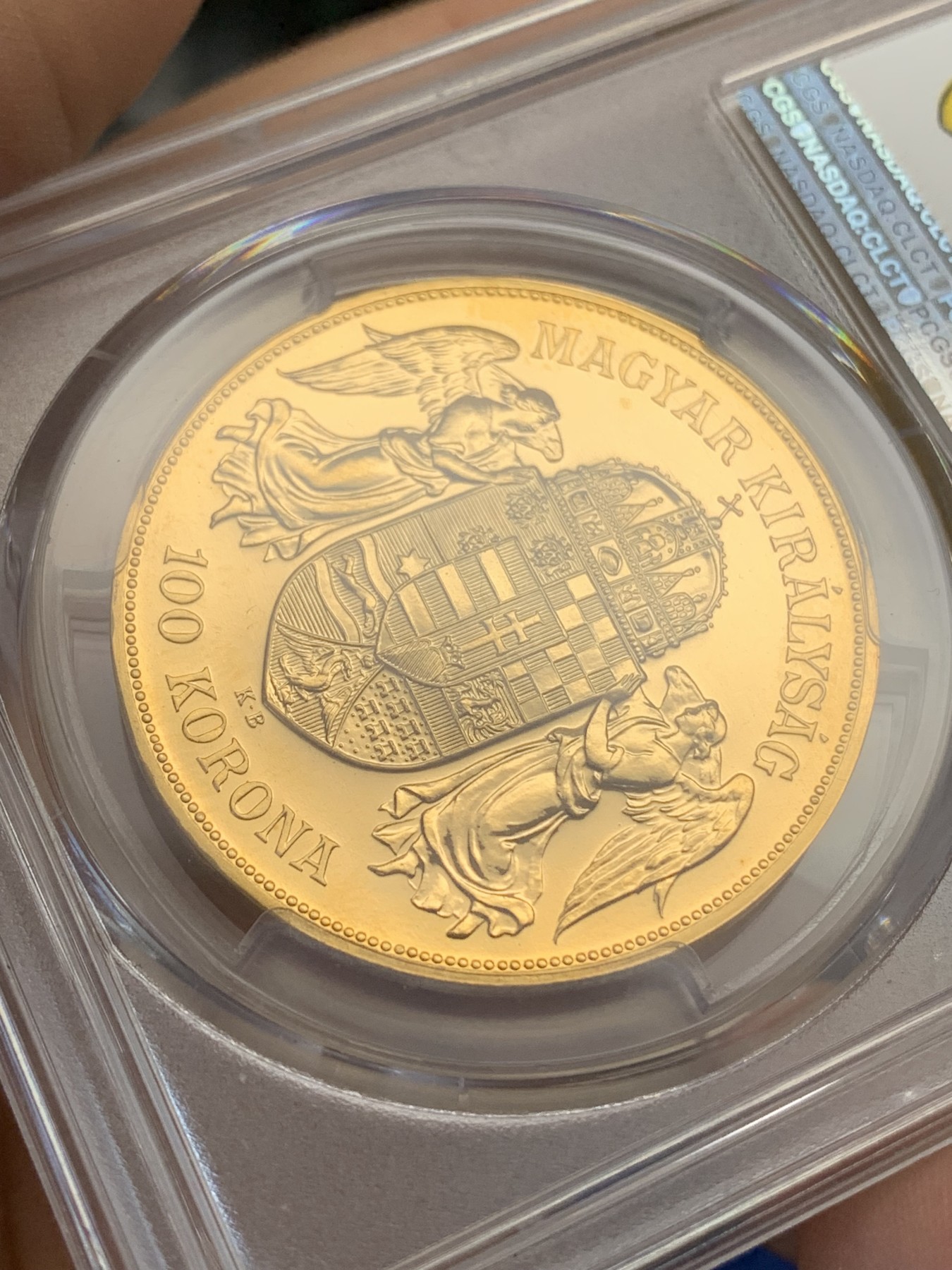 《竞宝斋》第218场-周日，周一 2场 (全场包邮) PCGS MS68 匈牙利1908KB 100克朗大金币 后铸版本 双天使 非常少见 33.87克900金