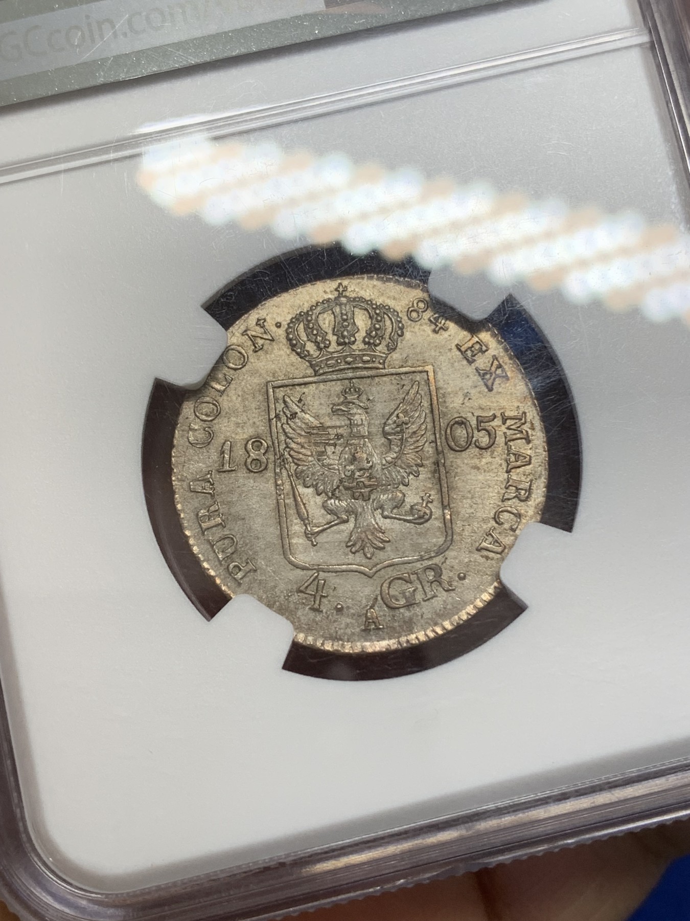 《竞宝斋》第218场-周日，周一 2场 (全场包邮) 冠军分! NGC-MS62 德国 1805年 普鲁士威廉三世 4格罗申银币 相当难见到的德系品种!