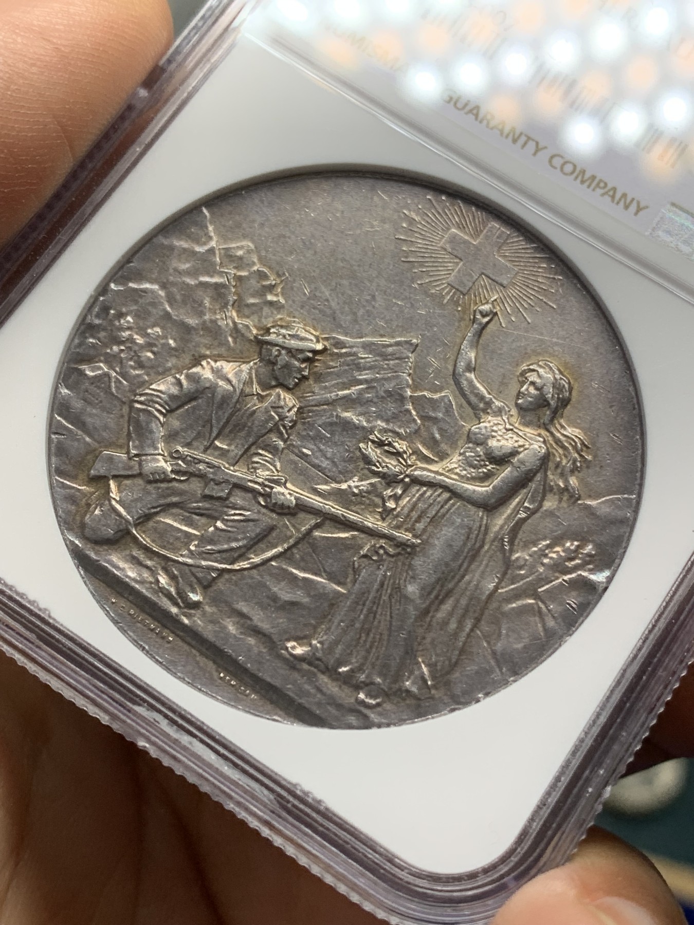 《竞宝斋》第218场-周日，周一 2场 (全场包邮) NGC AU58 1903年瑞士阿彭策尔射击节大银章，稀少品种，五彩包浆，状态一流，老藏家出品