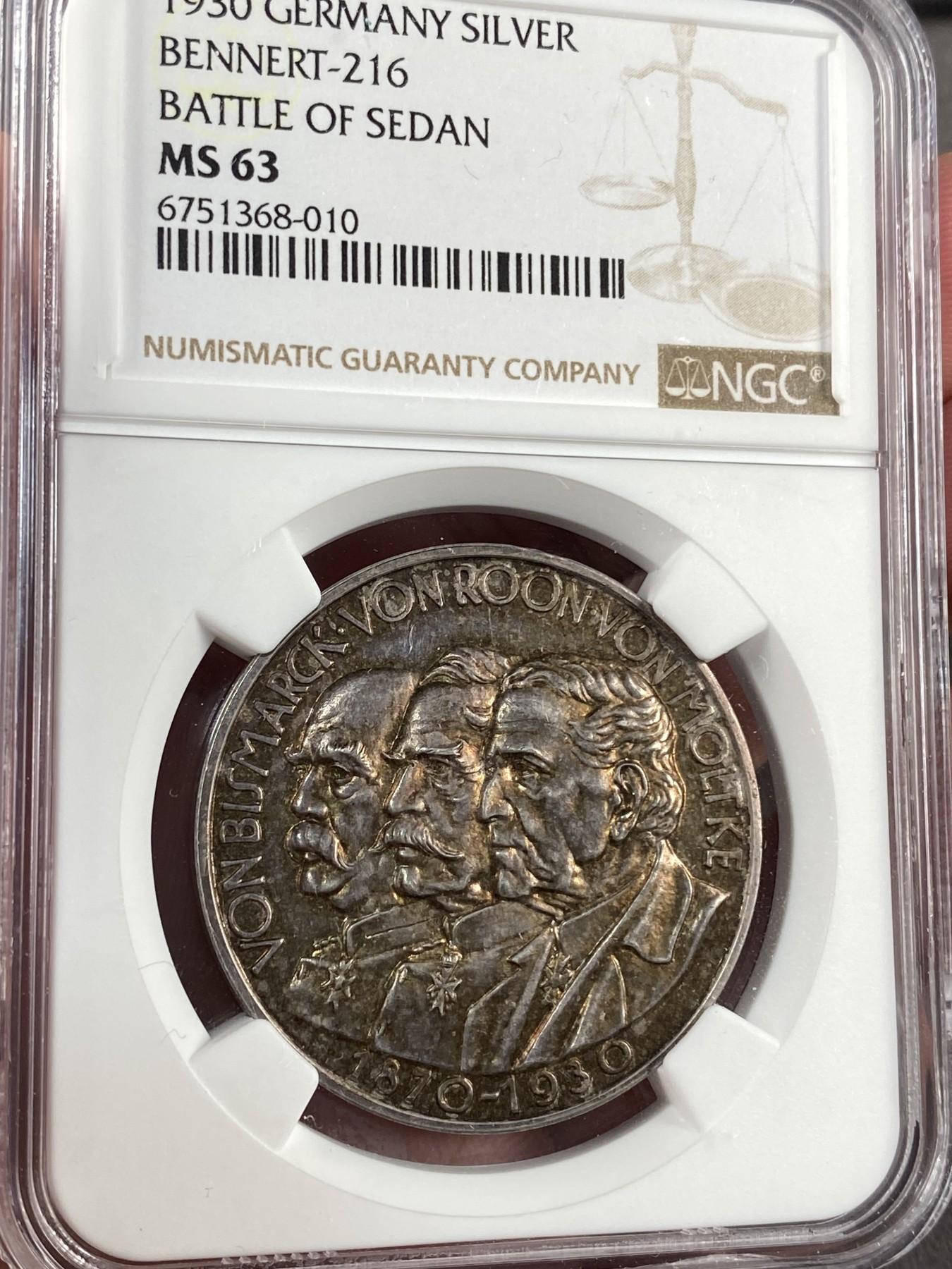 【北京钱博会拍卖周】万国钱币拍卖第020期 NGC MS63 1930年德国普法战争胜利60周年纪念银章 帝国首相俾斯麦-帝国陆军参谋总长毛奇-帝国国防部长罗恩 此战役最为重要的三位统帅