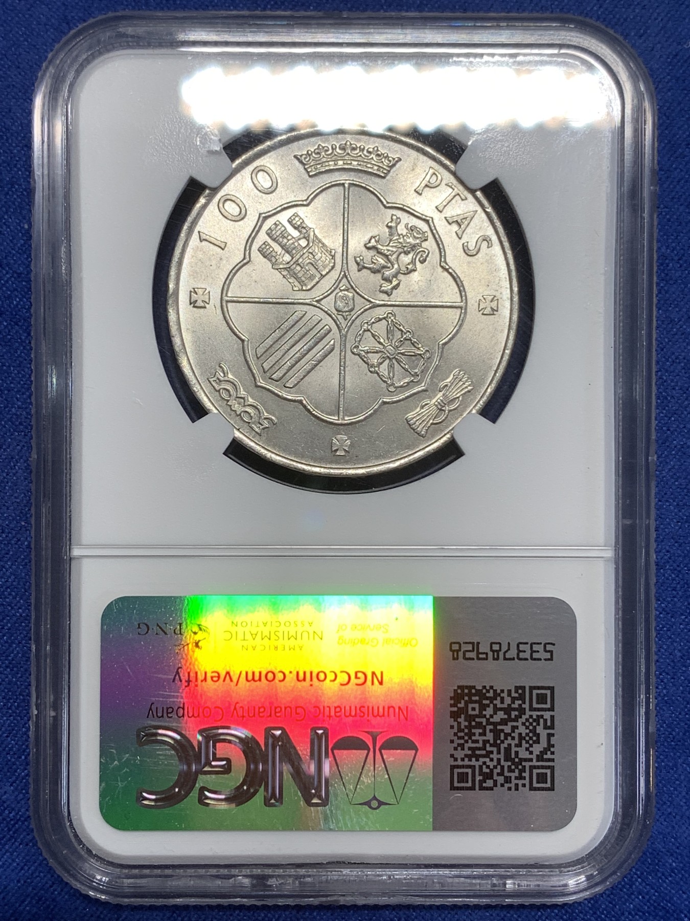 《竞宝斋》第218场-周日，周一 2场 (全场包邮) NGC UNC 西班牙1966佛朗哥100比赛塔银币 69版