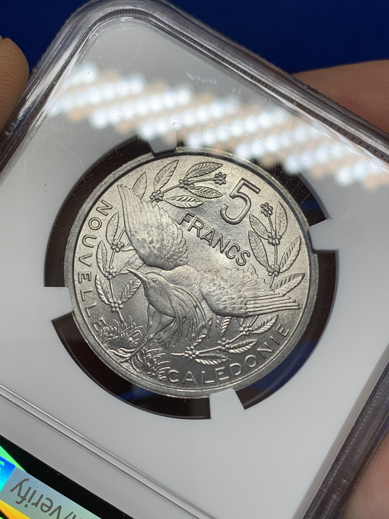 《竞宝斋》第218场-周日，周一 2场 (全场包邮) NGC-MS65 亚军分 法属新喀里多尼亚1952年5法郎大铝币，火炬女神+天堂鸟，双面设计亮眼。大尺寸铝币，65顶级品质，更高分仅2枚。