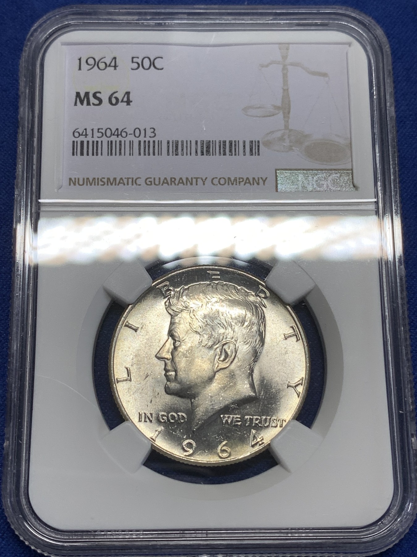 《竞宝斋》第218场-周日，周一 2场 (全场包邮) NGC-MS64 1964美国肯尼迪50美分银币，900高银版， 62，63常见，64分不常见。