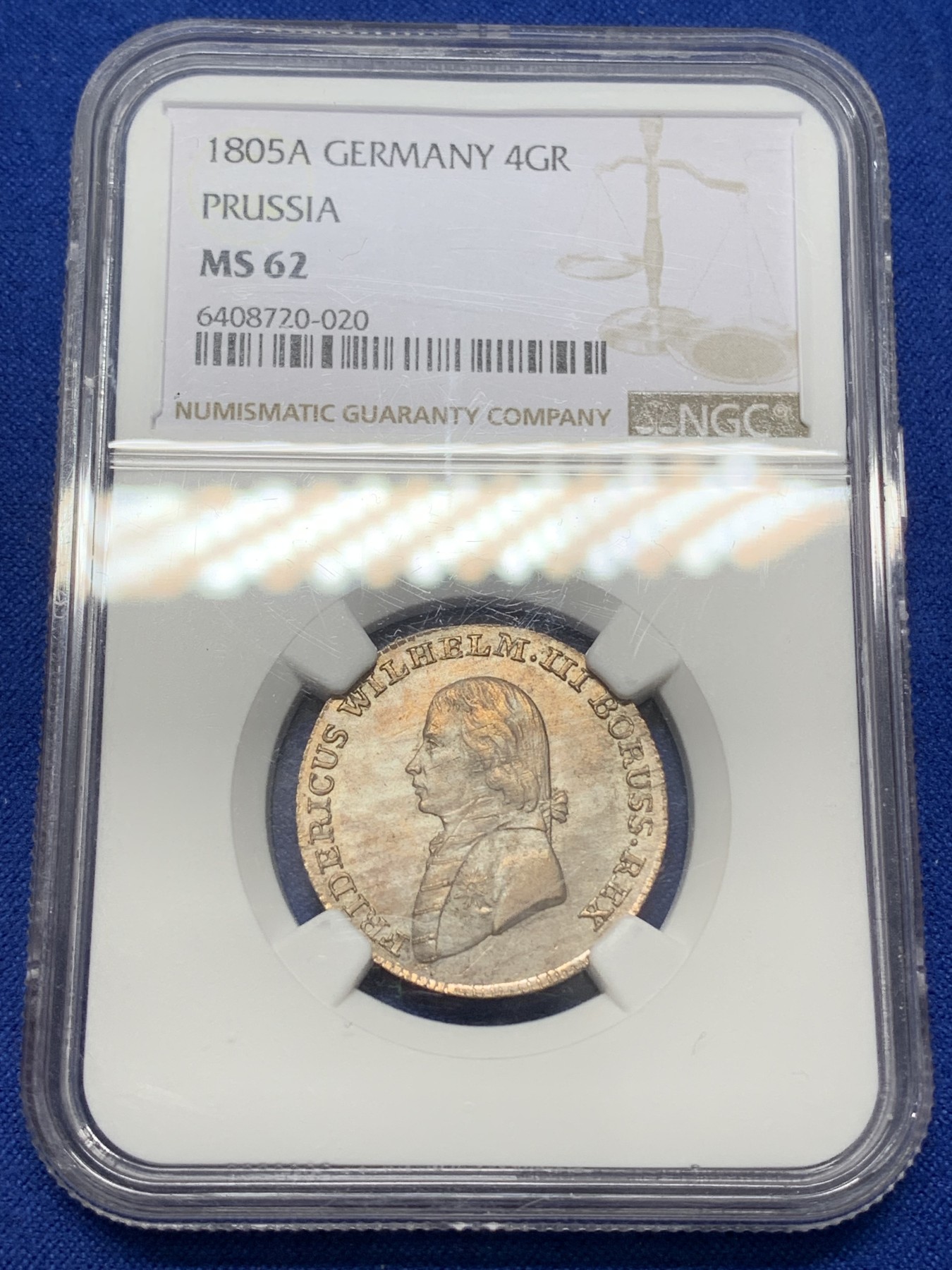 《竞宝斋》第218场-周日，周一 2场 (全场包邮) 冠军分! NGC-MS62 德国 1805年 普鲁士威廉三世 4格罗申银币 相当难见到的德系品种!