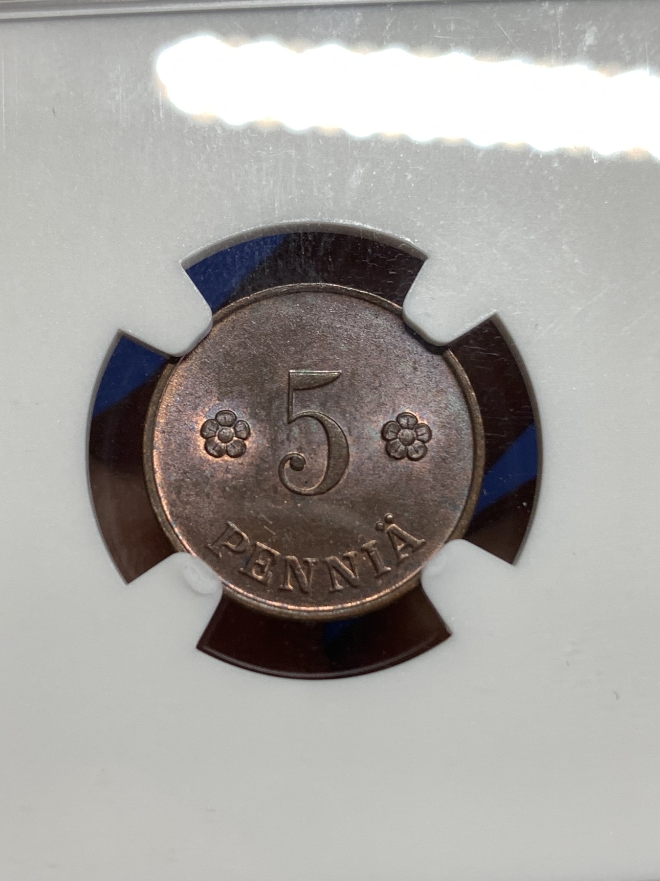 《竞宝斋》第218场-周日，周一 2场 (全场包邮) NGC-MS64BN 1920年芬兰5芬妮铜币，辅币好品难得，20年代的比内战时期的好品少多了，64分高分