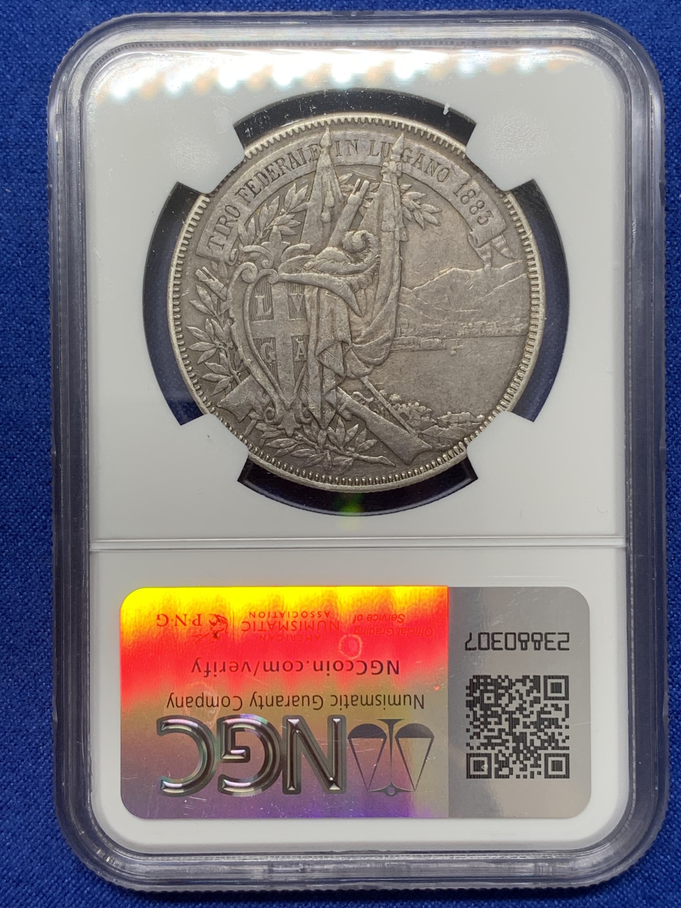 《竞宝斋》第218场-周日，周一 2场 (全场包邮) NGC XF40 瑞士 1883 卢加诺射击节 狩猎5法郎银币 原味包浆