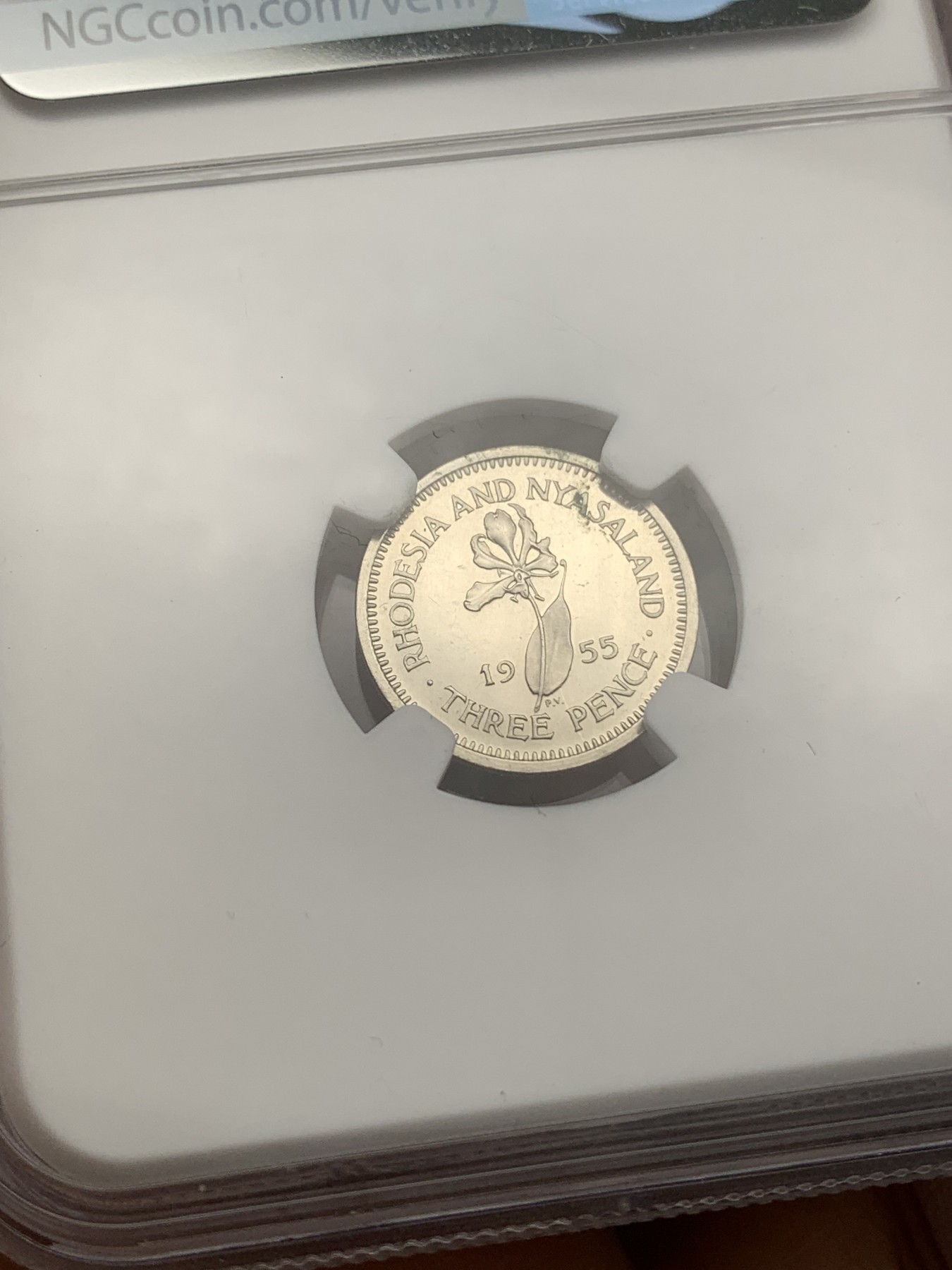 《竞宝斋》第218场-周日，周一 2场 (全场包邮) NGC PF63 罗德西亚和尼亚萨兰1955年3便士精制小银币