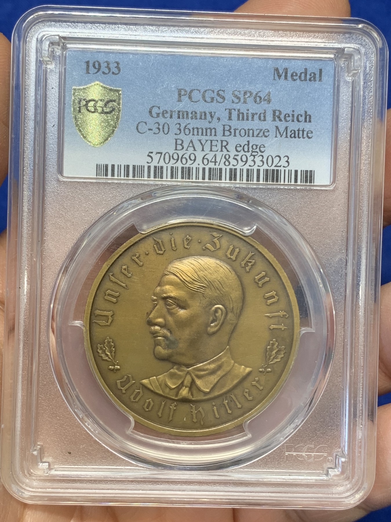 《竞宝斋》第218场-周日，周一 2场 (全场包邮) PCGS SP64 德国1933第三帝国元首执政纪念铜章，少见高分好品！
