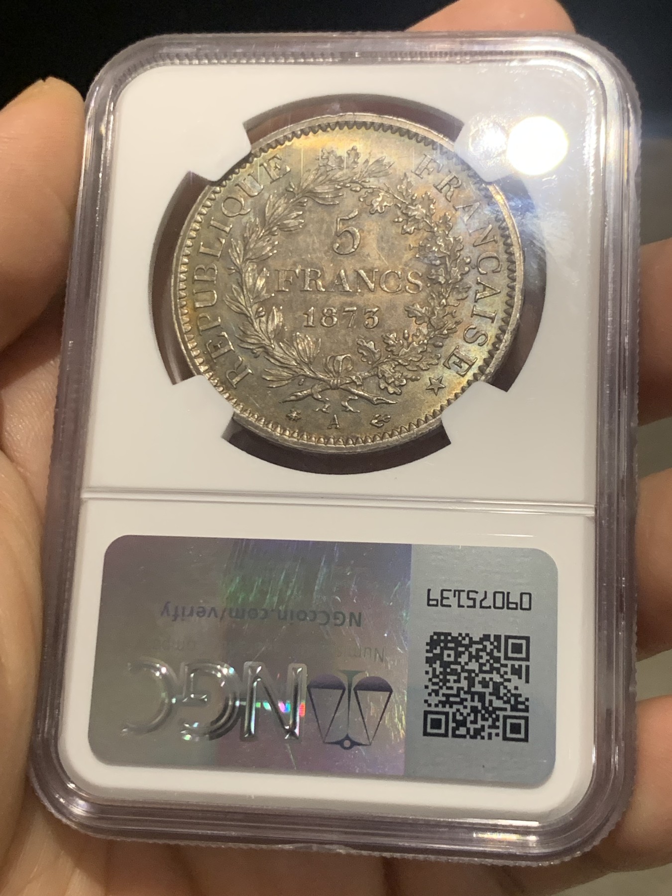 《竞宝斋》第218场-周日，周一 2场 (全场包邮) NGC MS63 1873年法国大力神5法郎银币 超级漂亮的五彩老包浆 各种色调的极致诱惑