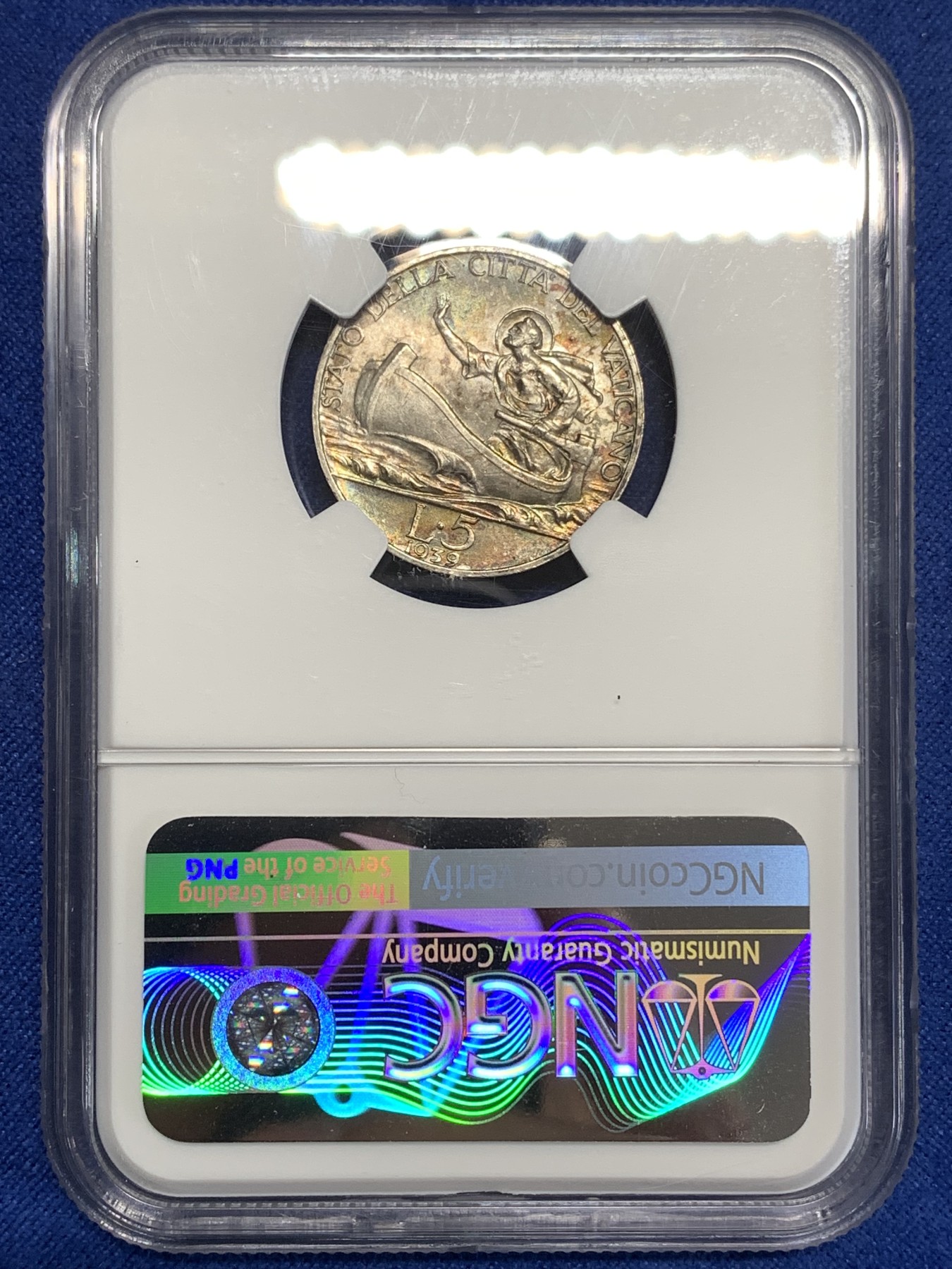 《竞宝斋》第218场-周日，周一 2场 (全场包邮) NGC-MS63 梵蒂冈 1939年 划船 5里拉 银币