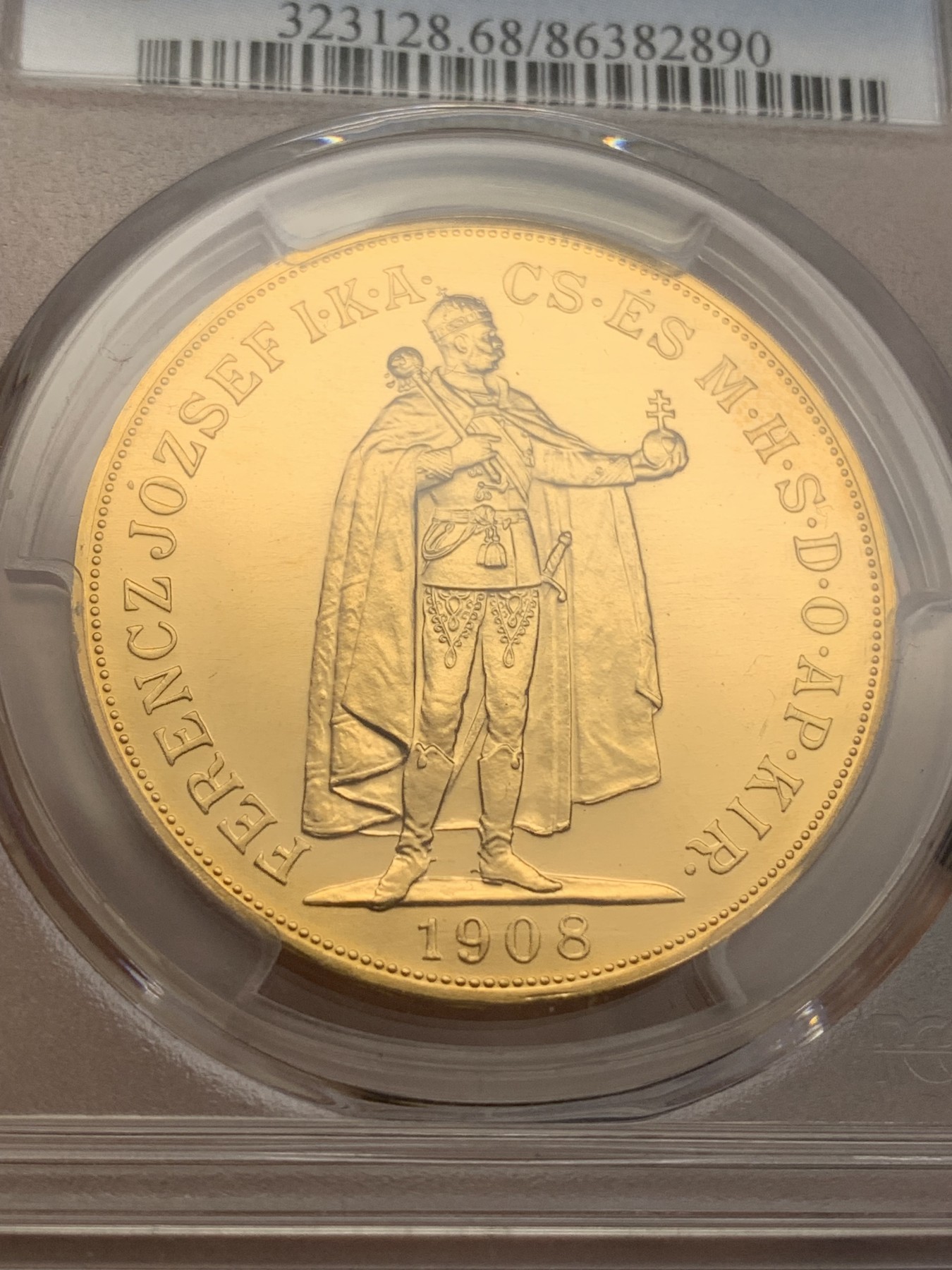 《竞宝斋》第218场-周日，周一 2场 (全场包邮) PCGS MS68 匈牙利1908KB 100克朗大金币 后铸版本 双天使 非常少见 33.87克900金