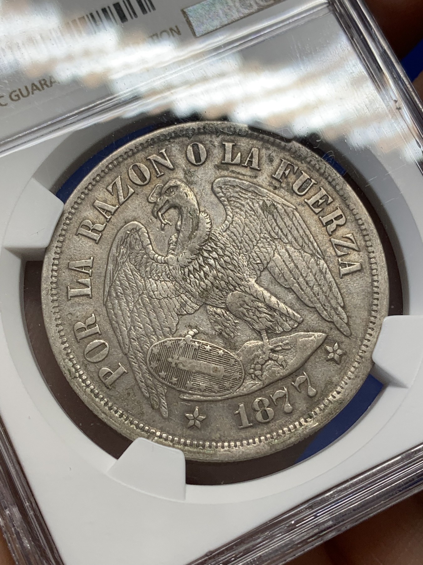 《竞宝斋》第218场-周日，周一 2场 (全场包邮) NGC AU 智利 1877年SO 1比索 秃鹰大银币