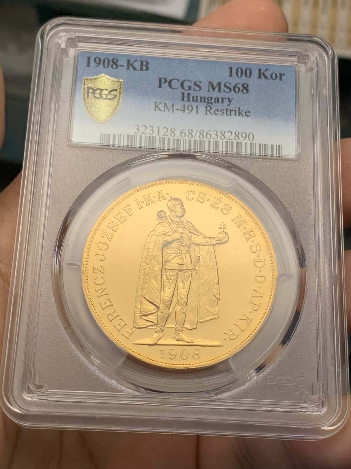 《竞宝斋》第218场-周日，周一 2场 (全场包邮) PCGS MS68 匈牙利1908KB 100克朗大金币 后铸版本 双天使 非常少见 33.87克900金
