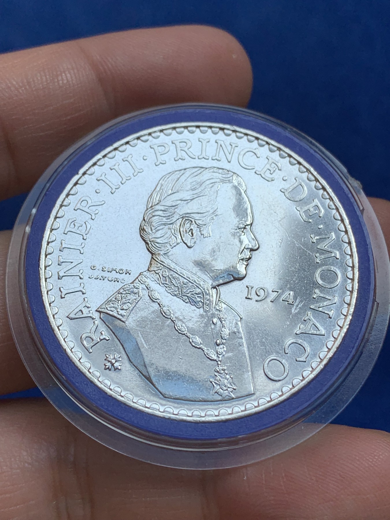 《竞宝斋》第218场-周日，周一 2场 (全场包邮) 摩纳哥1974年13任亲王兰尼埃三世50法郎大银币，900银，直径41mm，重量30g，原光可送评好品相