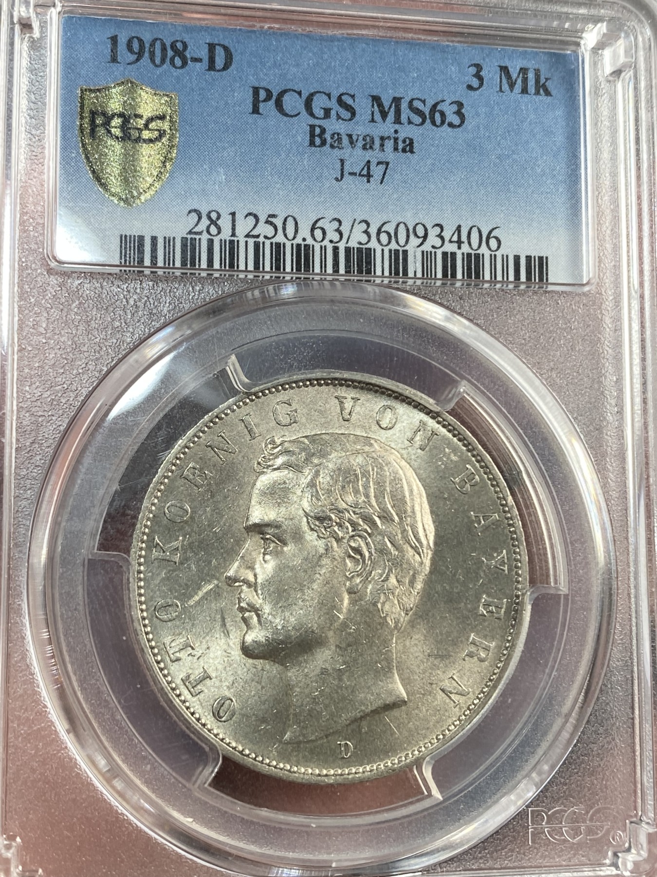【北京钱博会拍卖周】万国钱币拍卖第020期 PCGS MS63 1908年德国巴伐利亚奥拓3马克 十字转光