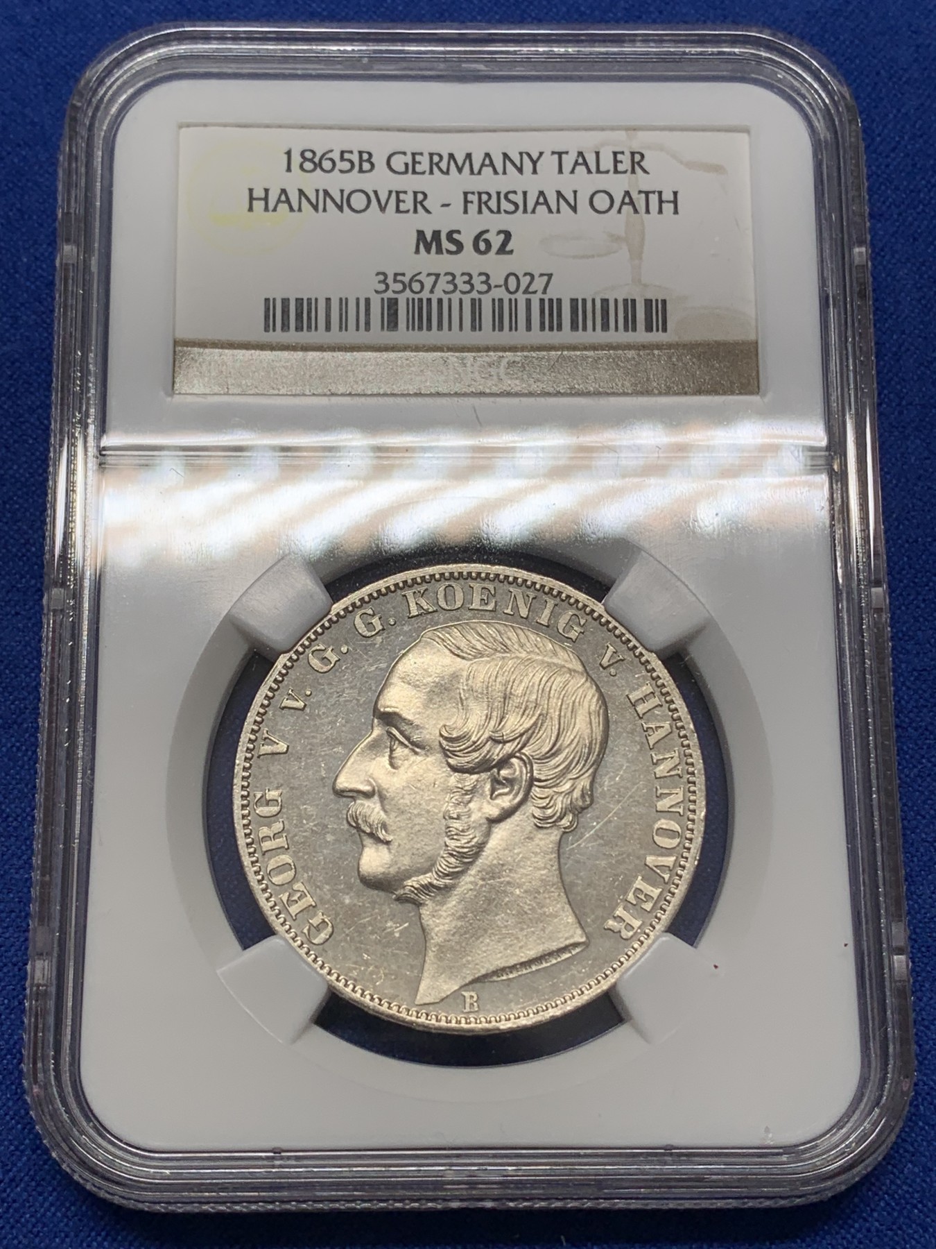 《竞宝斋》第218场-周日，周一 2场 (全场包邮) NGC MS62 1865年德国汉诺威橡树泰勒，热门经典品种，发行量2000，NGC老盒，镜面品质，高点俱在，藏家出品，低评了
