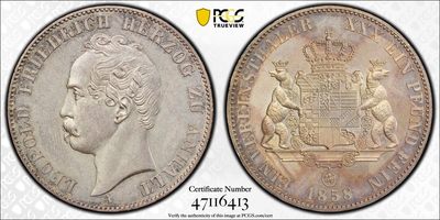 【北京钱博会拍卖周】万国钱币拍卖第020期 - PCGS MS63 1858年德国安哈特-德邵双熊纹章流通泰勒 发行量只有27000枚 联合泰勒中难度很大的品种 原味五彩且带有镜面感的状态令人爱不释手