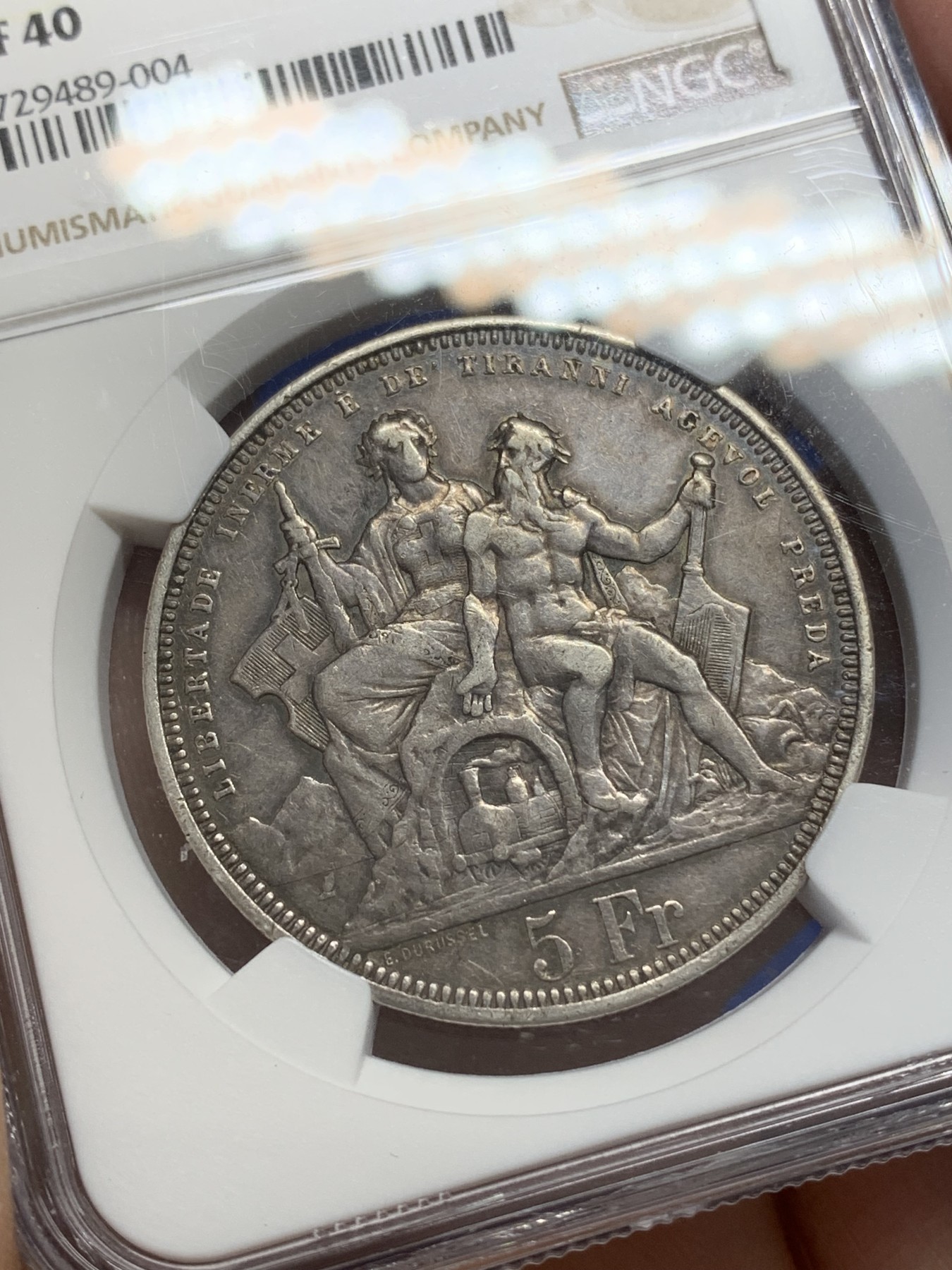 《竞宝斋》第218场-周日，周一 2场 (全场包邮) NGC XF40 瑞士 1883 卢加诺射击节 狩猎5法郎银币 原味包浆