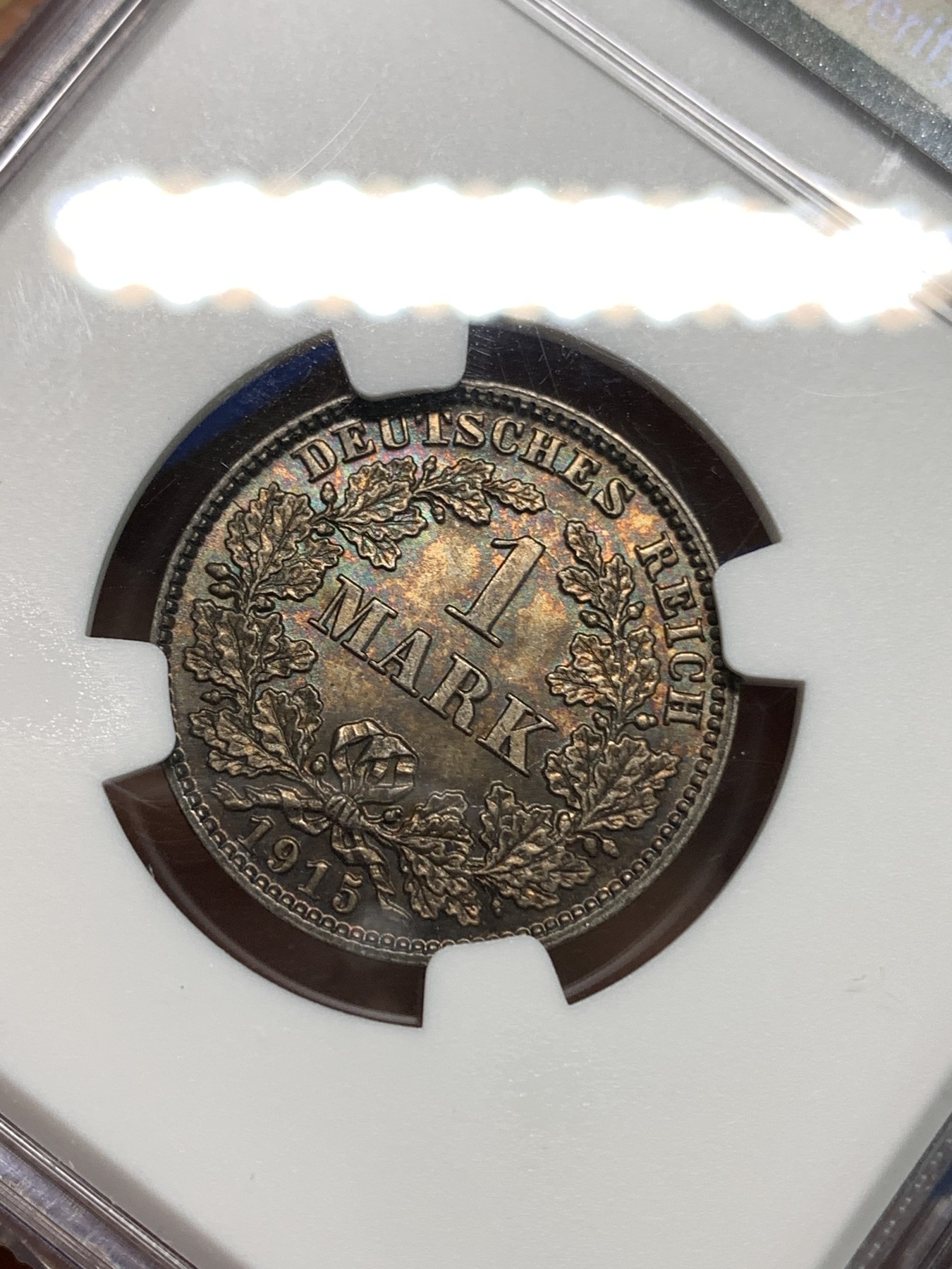 《竞宝斋》第218场-周日，周一 2场 (全场包邮) NGC-MS63 德国1915年1马克银币，一面强车轮黄油转光，一面酱彩深包浆，绝对严评不止这个分数