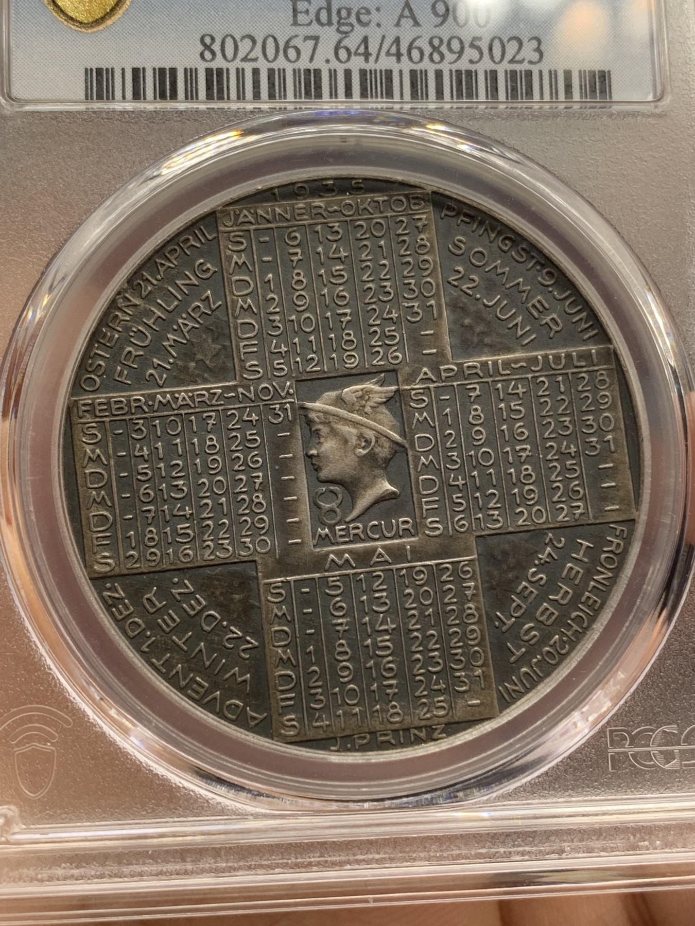 《竞宝斋》第218场-周日，周一 2场 (全场包邮) PCGS SP64 奥地利1935年十二星座日历银章！背面除了有日历，还有12星座。好品少见！