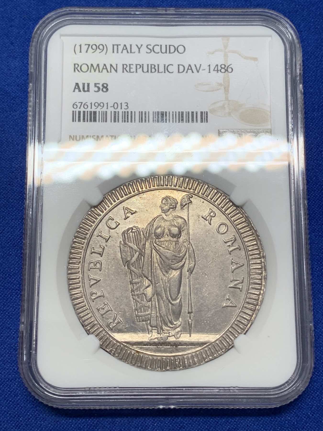 《竞宝斋》第218场-周日，周一 2场 (全场包邮) NGC AU58 意大利罗马共和国 1799年1scudo大银币，存在极短的政权，只发行了一年