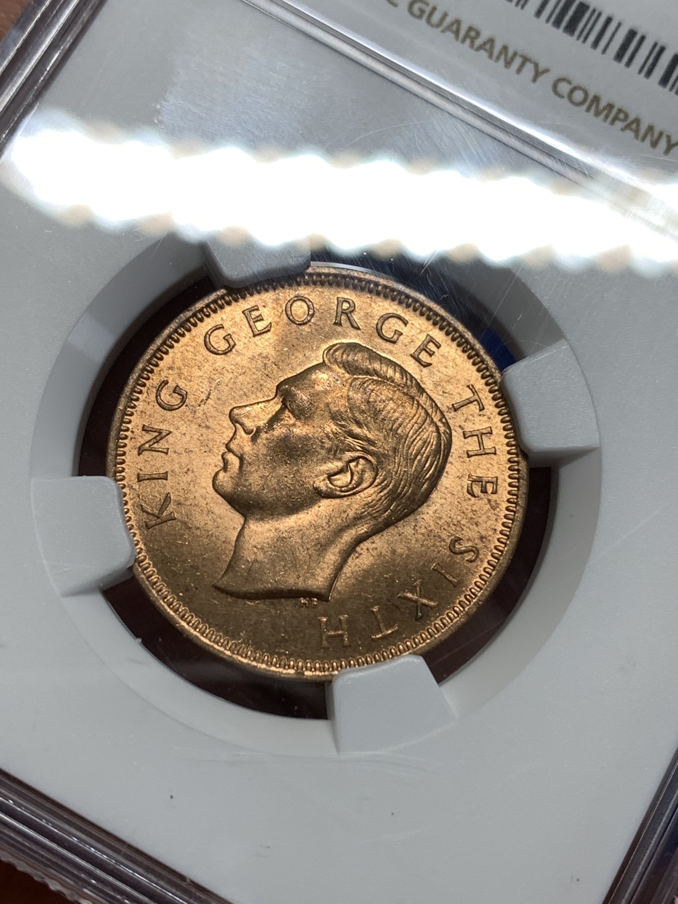 《竞宝斋》第218场-周日，周一 2场 (全场包邮) NGC MS64RD 新西兰1952年乔治六世1/2便士铜币