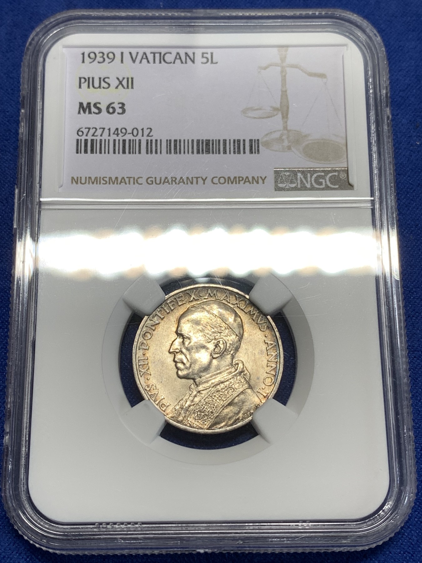 《竞宝斋》第218场-周日，周一 2场 (全场包邮) NGC-MS63 梵蒂冈 1939年 划船 5里拉 银币