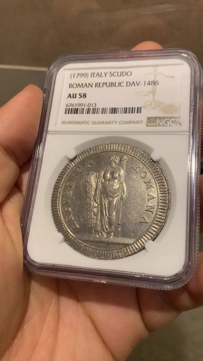 《竞宝斋》第218场-周日，周一 2场 (全场包邮) NGC AU58 意大利罗马共和国 1799年1scudo大银币，存在极短的政权，只发行了一年