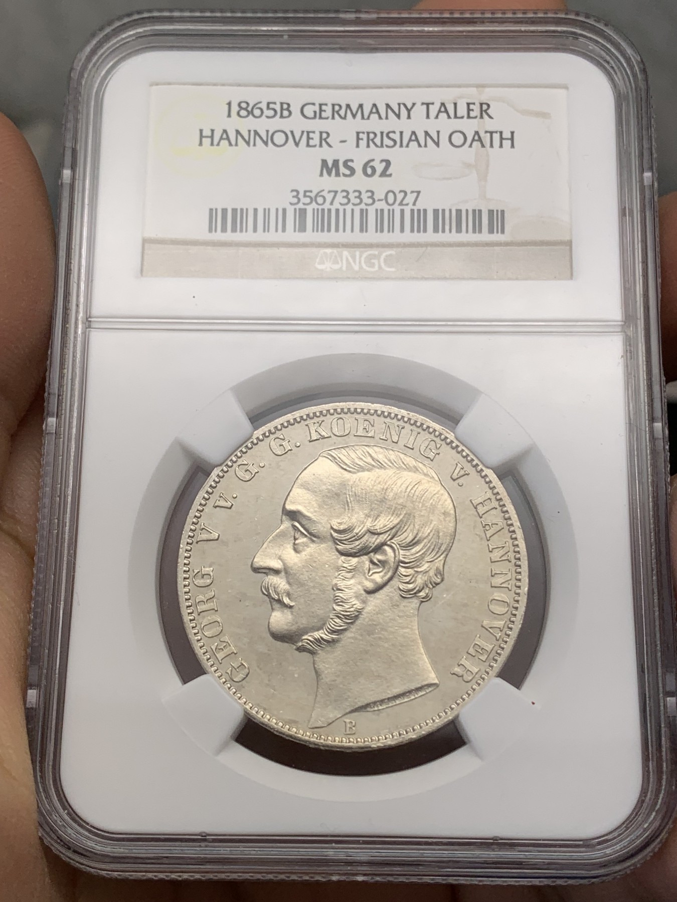 《竞宝斋》第218场-周日，周一 2场 (全场包邮) NGC MS62 1865年德国汉诺威橡树泰勒，热门经典品种，发行量2000，NGC老盒，镜面品质，高点俱在，藏家出品，低评了