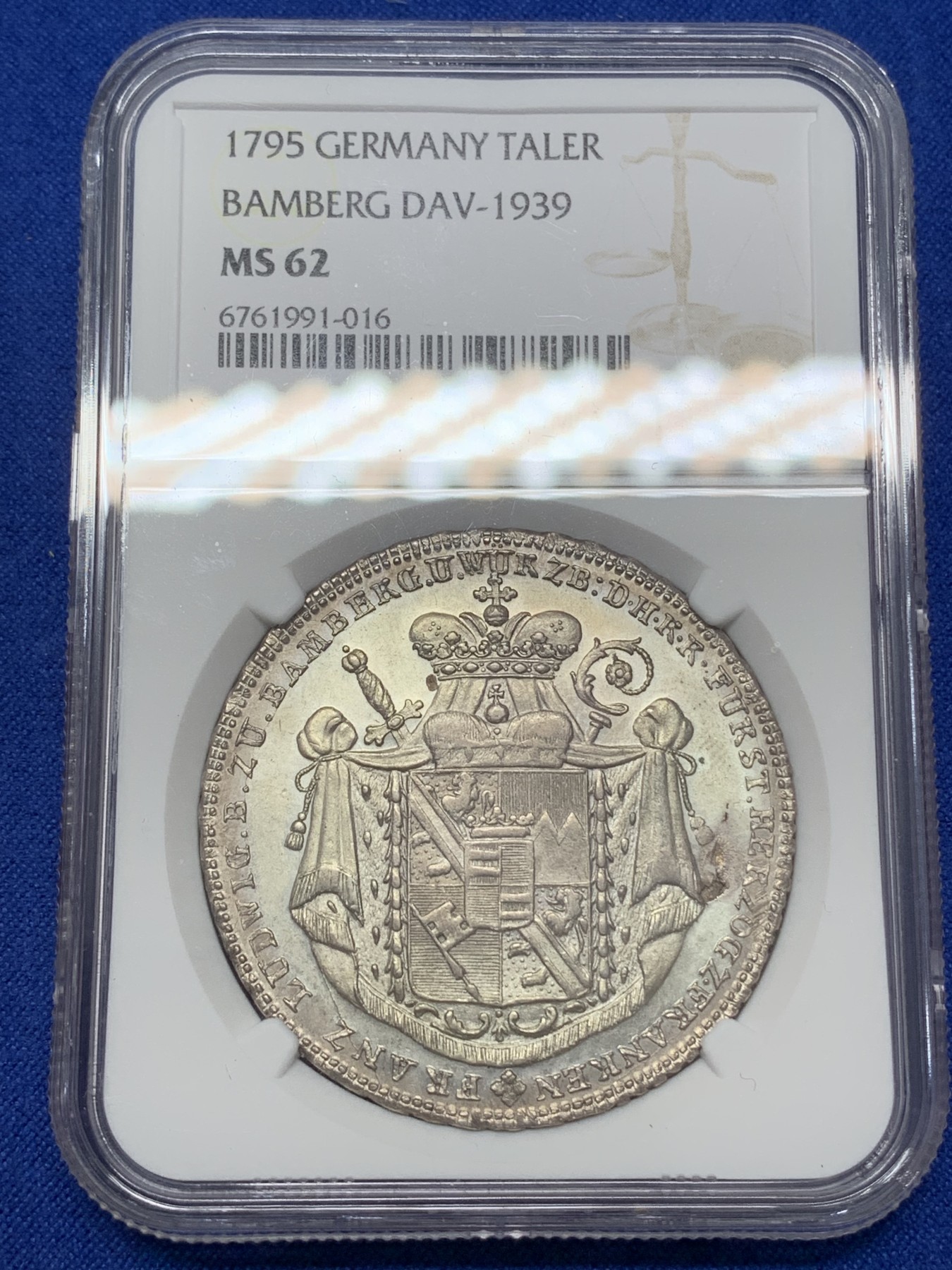 《竞宝斋》第218场-周日，周一 2场 (全场包邮) NGC MS62 德国 1795  班贝格主教区 1泰勒大银币 双面深打 底板光洁 少见品种 状态十分不易