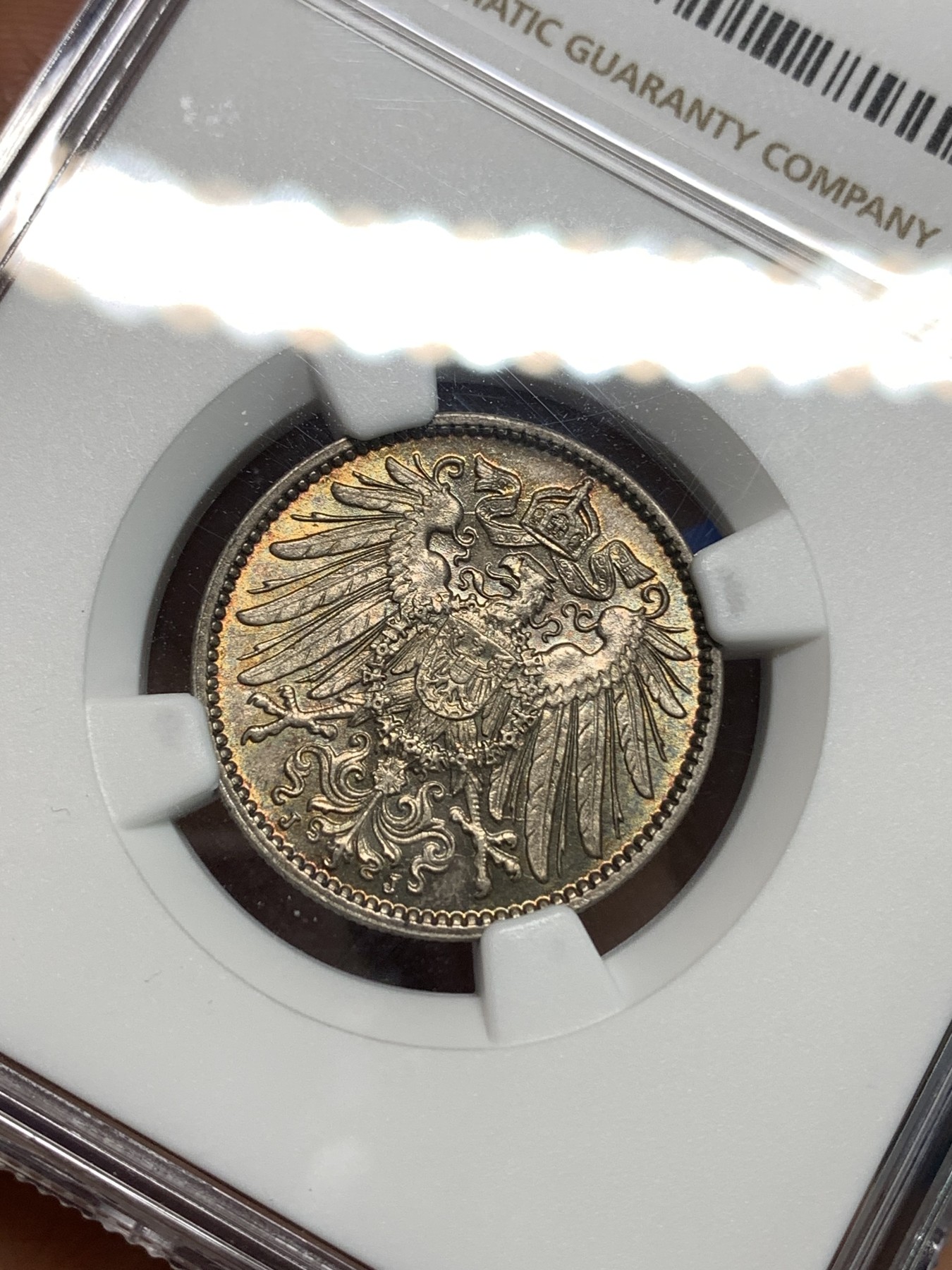 《竞宝斋》第218场-周日，周一 2场 (全场包邮) NGC-MS63 德国1915年1马克银币，一面强车轮黄油转光，一面酱彩深包浆，绝对严评不止这个分数