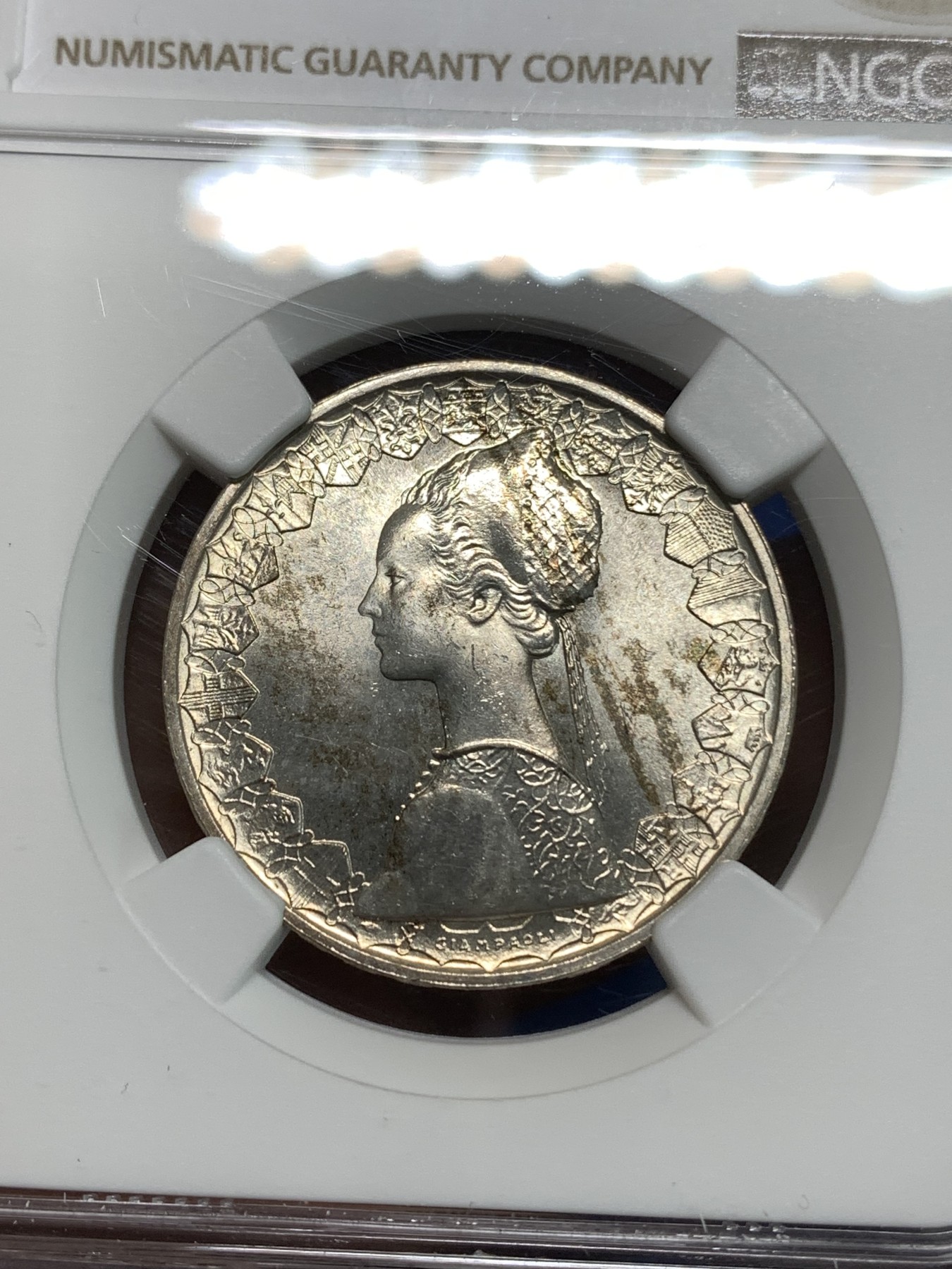 《竞宝斋》第218场-周日，周一 2场 (全场包邮) NGC-MS63 意大利1959年500里拉银币，经典人妻帆船设计，早期年份