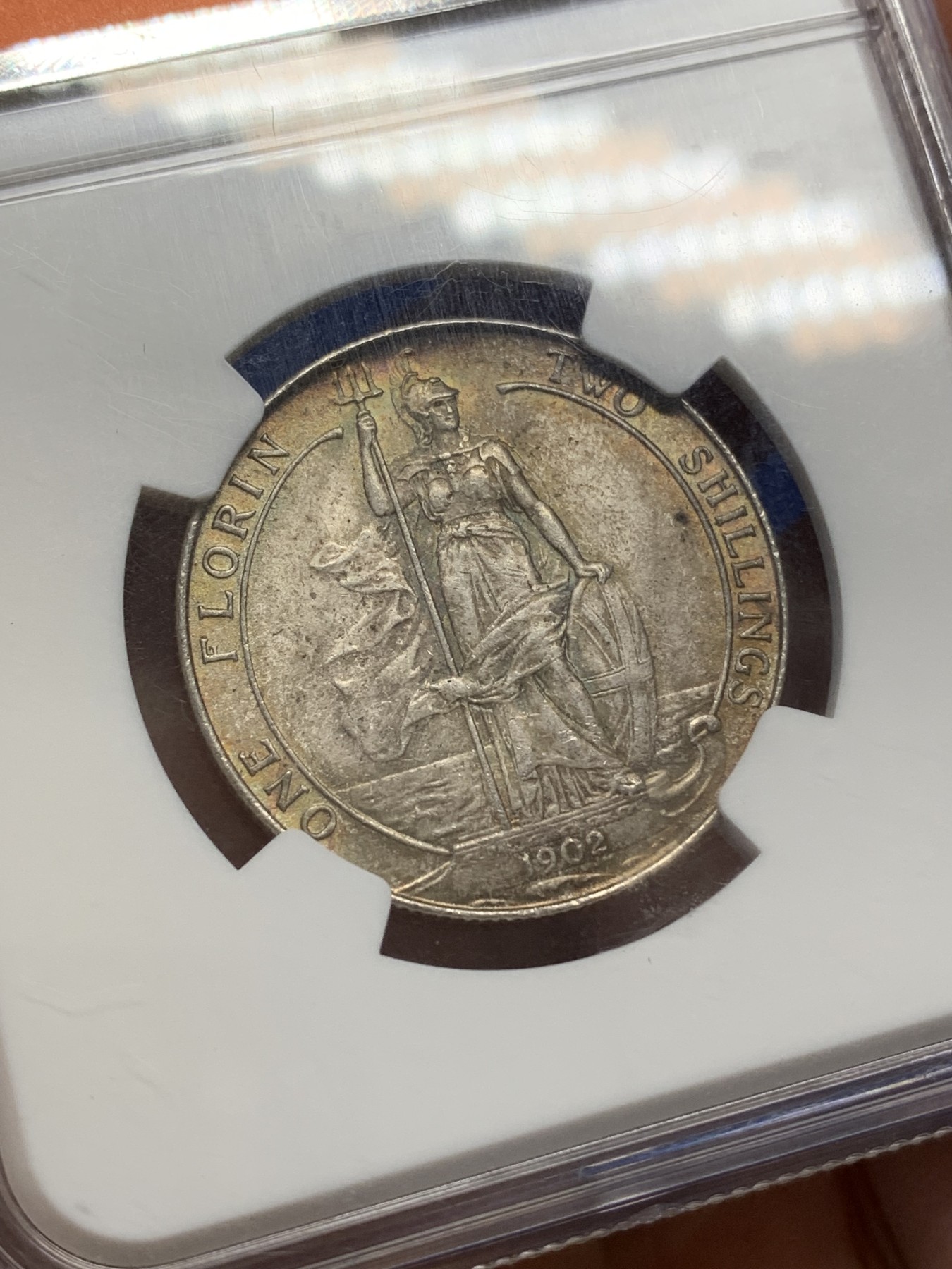 《竞宝斋》第218场-周日，周一 2场 (全场包邮) NGC-MS63 英国 1902年 爱德华七世 海神 2先令 银币 黄油彩