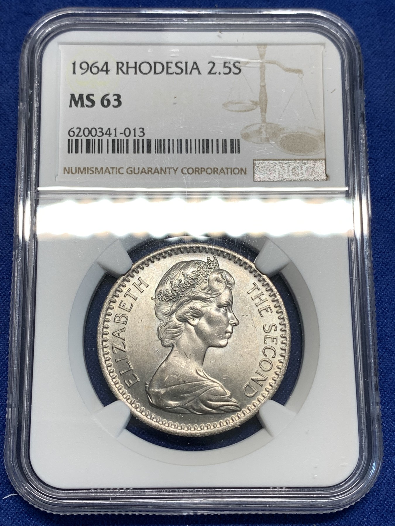 《竞宝斋》第219场-周日，周一 2场 (全场包邮) NGC-MS63 罗德西亚1964年2.5先令镍币，经典羚羊造型 转光好