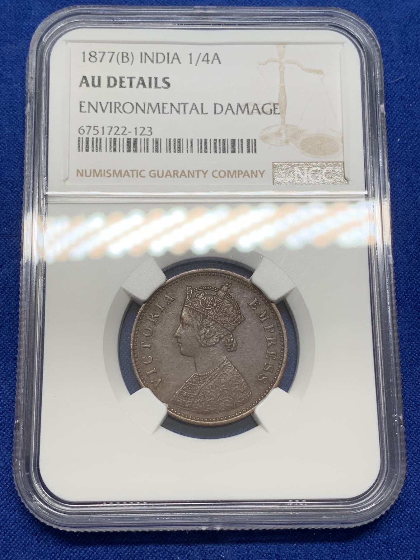 《竞宝斋》第219场-周日，周一 2场 (全场包邮) NGC AUD 1877年英属印度1/4安娜铜币