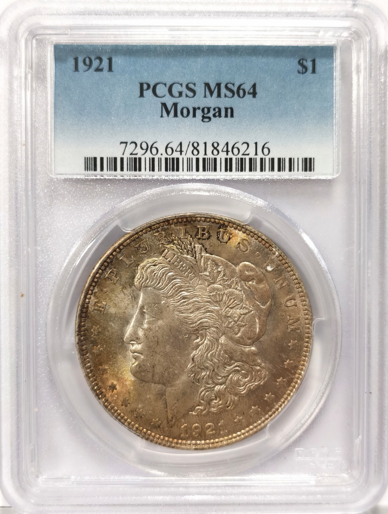 博洋堂【北京钱博会拍卖周】精品专场暨第54期（全场包邮） PCGS MS64 1921年美国摩根银币。非常漂亮的均匀五彩包浆，视觉效果极佳
